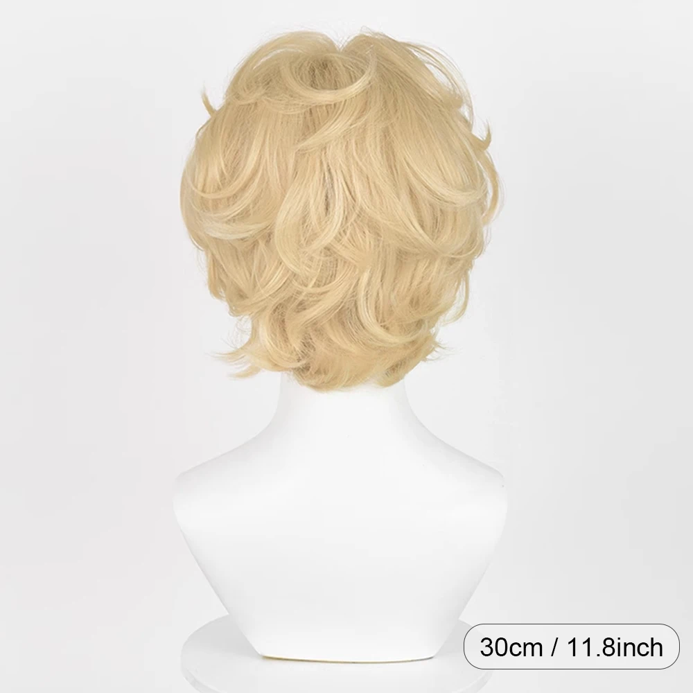 Short Straight Wavy Blonde Synthetic Wig with Bangs Fluffy Anime Game Cosplay Heat Resistant Wig for Daily Party