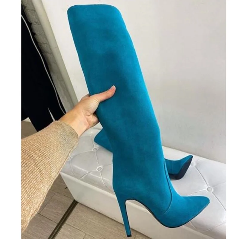 Blue Suede เข่ารองเท้าบูทสูงรองเท้าส้นสูงบางรองเท้าส้นสูง Sexy Pointed Toe แฟชั่นรองเท้าผู้หญิง Flock ซิปส้นสูงรองเท้า