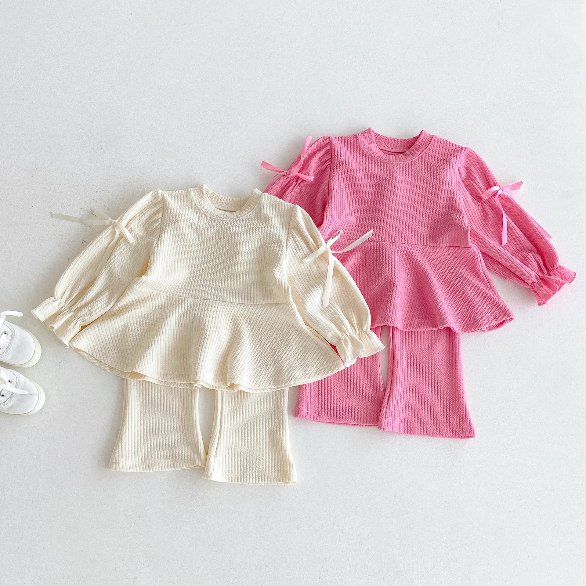Children Bow Shirts + Flared Trousers 2pcs Suit Cotton Toddler Girl Outfits Autumn Korean Girls' Set Sweet and Cute Girls Set
