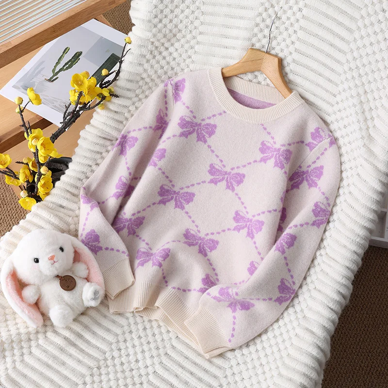 

Warm O-Neck 100% Merino Wool Sweater Autumn And Winter Pullover Long Sleeve Knitwear Girls Children's Clothing Tops