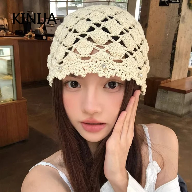 Korean Sle Hand-Knitted Thin Cap Hollow Out Hat for Women All Season Make Your Face Look Smaller Accessory Pullover Hat Breath