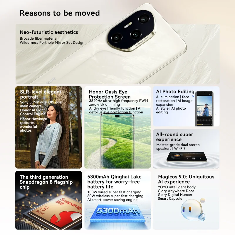 ใหม่ Honor 300 Pro โทรศัพท์มือถือ Snapdragon 8 Gen 3 50.0MP กล้อง 6.78 "AMOLED 120HZ Android 15.0 OTA 100W ชาร์จ 5300mAh แบตเตอรี่