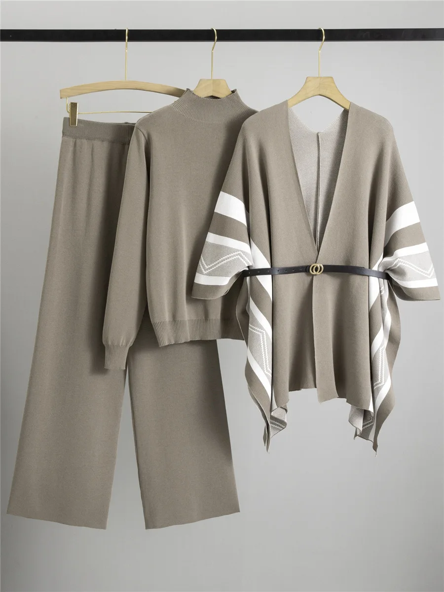 

Women's 3pcs Knit Set Pullover Cardigan Shawl High Neck Sweater & Wide Leg Pants Elegant Fall Winter Sweater Shawl Conjuntos