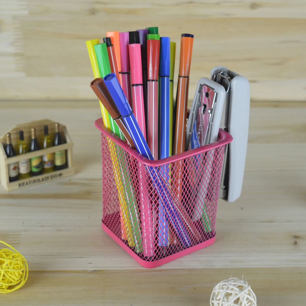 

2 Pcs Cool Metal Hollow Pen Holder Office Pot Square Colored Makeup Brush Organizer