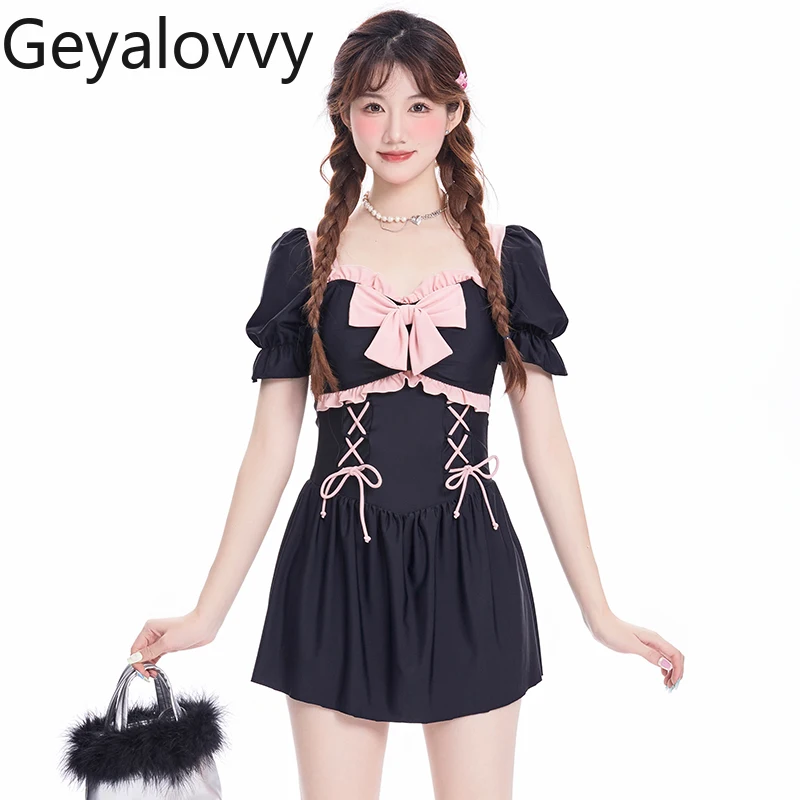 

Sweet Girl Swimsuit Women's One-piece Suits Japanese Student Junior High School Girl Conservative Cute Bow Bathing Suit