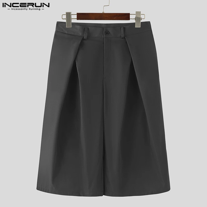 

INCERUN мужские брюки однотонные плиссированные на пуговицах свободные повседневные широкие брюки мужская уличная одежда 2025 модные мужские брюки длиной до икры