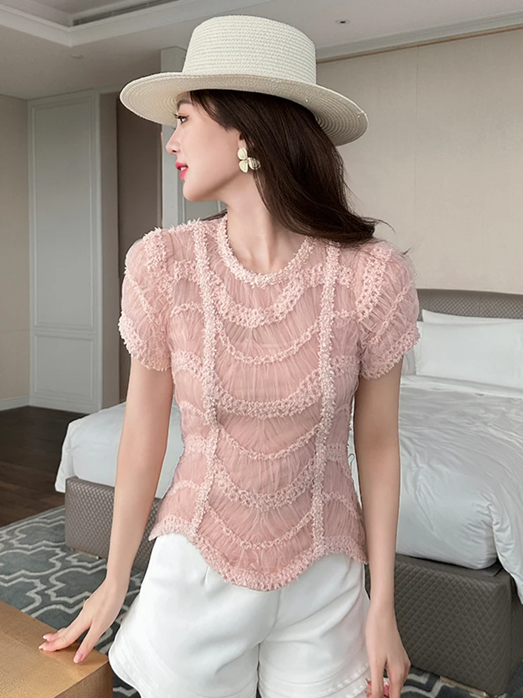 

Women's French Chic Design Style Tops Lady Exquisite Beatiful Sexy Sheer Mesh Party Blouse Female Casual Date T-shirt for Woman