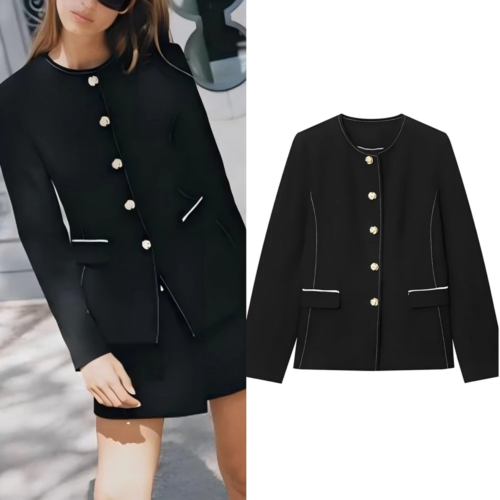 

Women's 2025 new fashion line decoration slim single breasted suit jacket retro O Neck long sleeved women's jacket chic top
