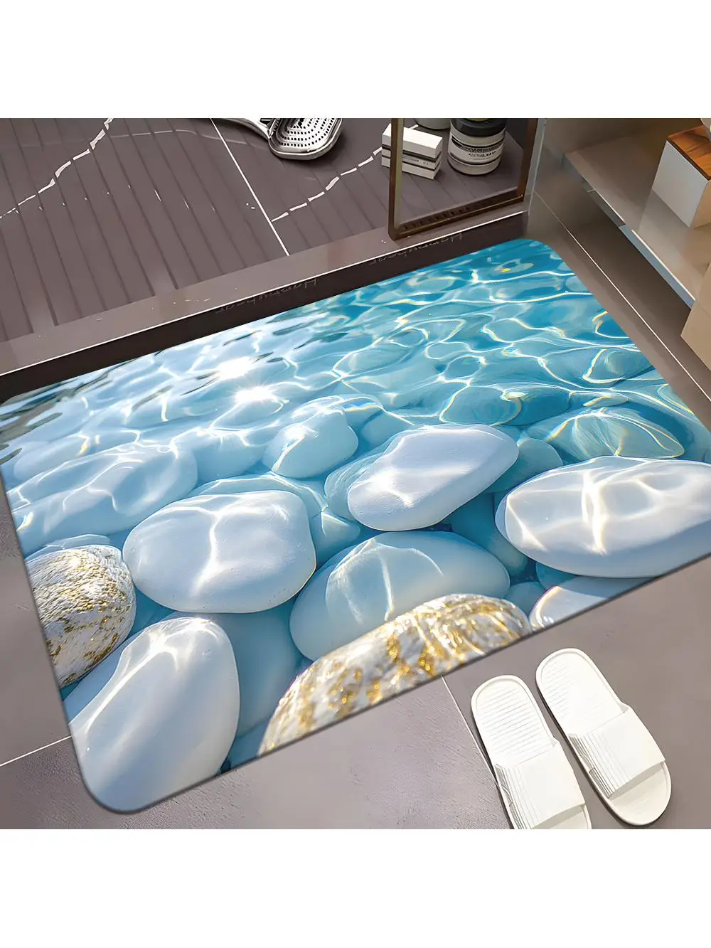 1 tapis de porte antidérapant à motif d'eau de pierre et de piscine – pour salle de bain, chambre à coucher, salon, camping et yoga, tapis de sol de salle de bain