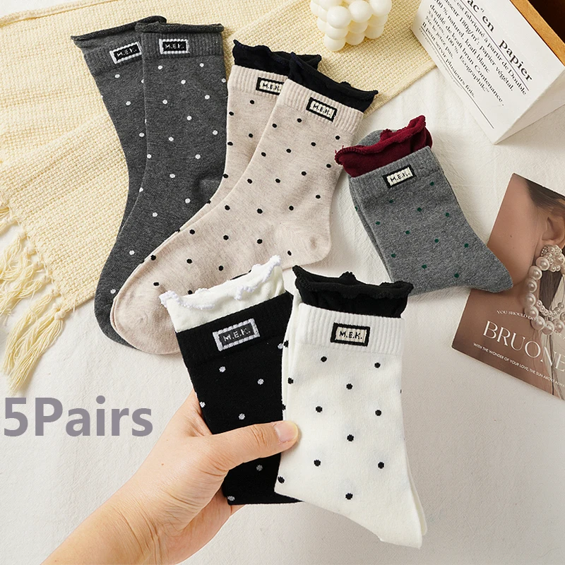 

5 пар носков в горошек, женские милые носки из смеси хлопка с оборками для девочек, подарок, милые носки с рюшами в стиле каваи, модные средние носки-трубы ﻿