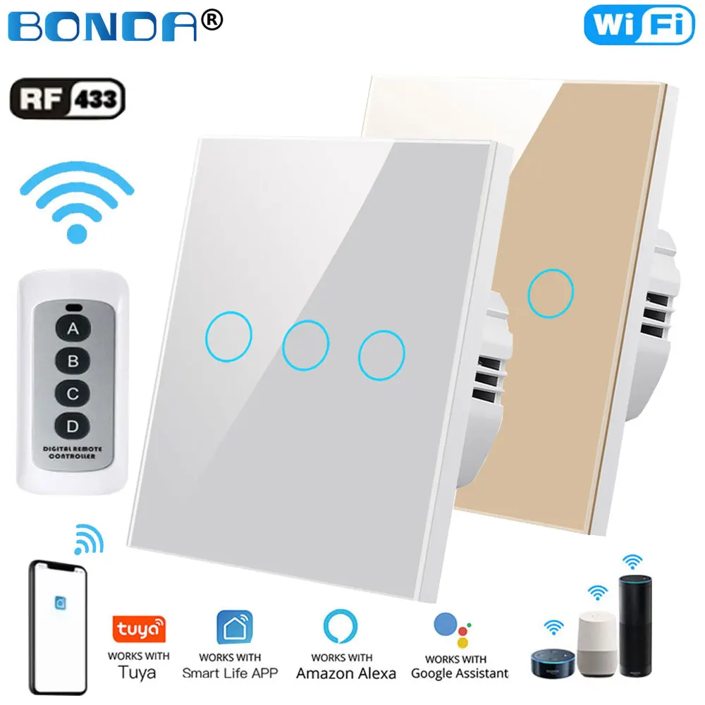 

Умный сенсорный выключатель Tuya EU WiFi+RF433 (беспроводной) с дистанционным управлением, без нейтрали, 1/2/3 клавиши, комплект