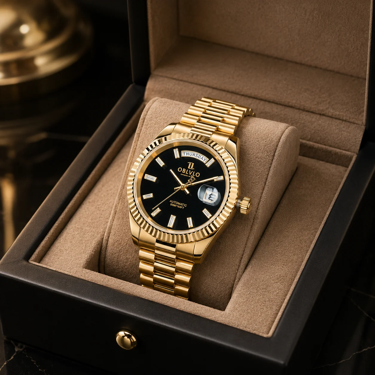 OBLVLO Men's Yellow Gold Automatic Watch Classic Mechanical Gear Bezel with Date And Day Function Miyota 8215 RX-DD-HBT