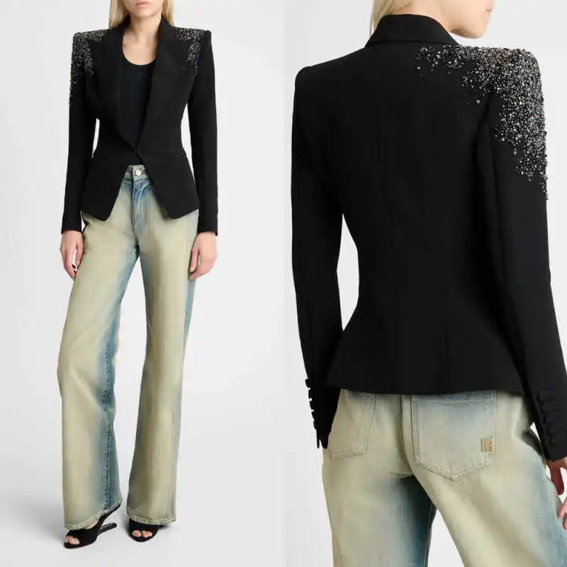 

New Women Suit 1 Piece Blazer Peaked Collar One Button Diamonds Beads Formal Occasion Party Banquet Business Office Customized