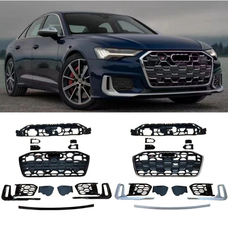 

2019-2025 A6 S6 Car Body Kit Front Bumper Grille With ACC Camera ABS Plastic ReplacementFull black front middle grille