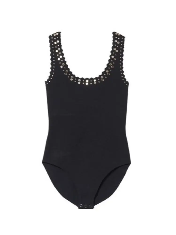 

Women's Black Knitted Playsuits Rivet Decorated Sleeveless U-Neck Sexy Rompers