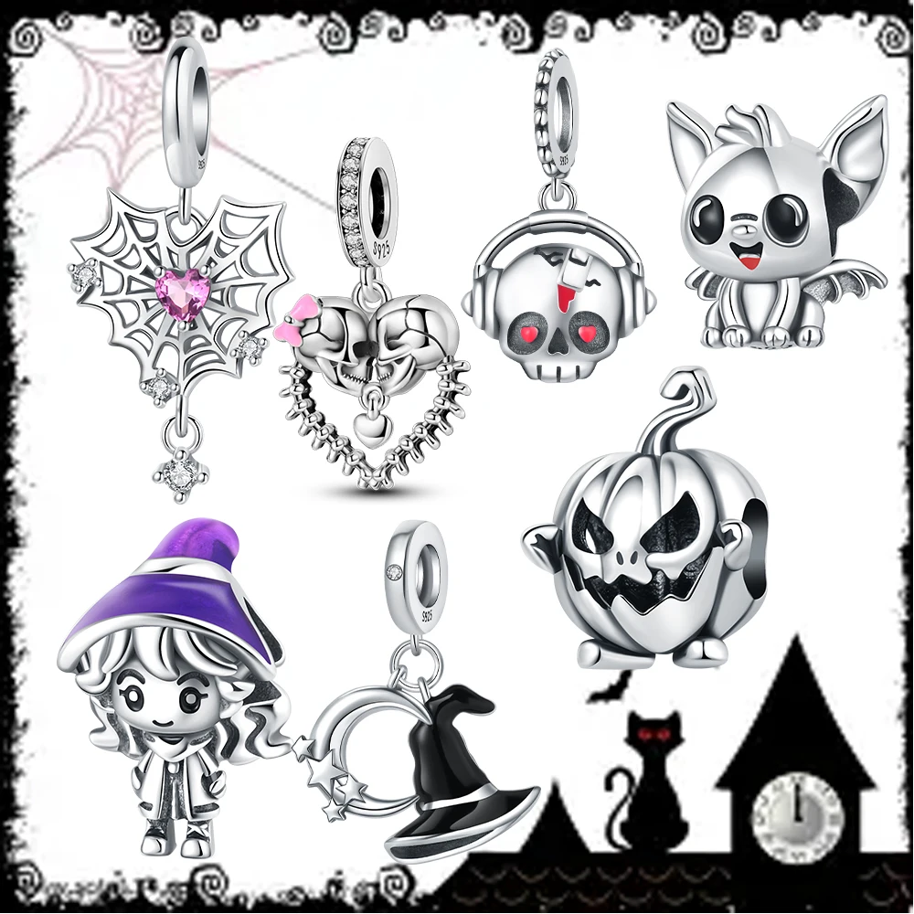 

925 Sterling Silver Red Eyed Skeleton Wearing Headphones&Funny Pumpkin Charm Fit DIY Bracelet Necklaces Halloween Jewel