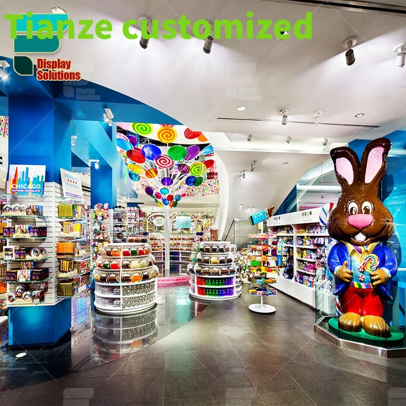 Customized-Colorful Candy Shop Interior Design Middle Standing Shelf Rack Nice Wall Display Cabinet With Light