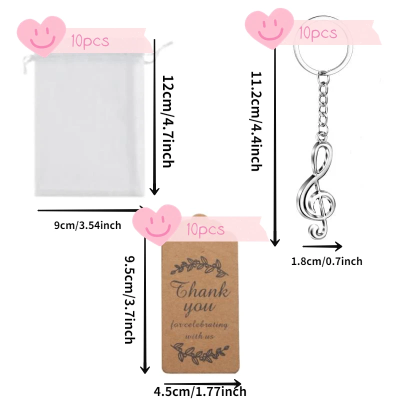 10Sets Musical Note Key Chain Party Favors Music Symbol Key Rings Thank You Gift Tags Organza Bags for Party Favors Decoration