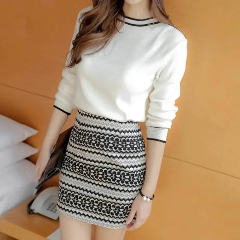 Long Sleeve Office Mature Short Women\'s Two Piece Set Dress Knit Female Outfits Midi Mini Crochet Sexy New in Matching Sets Full