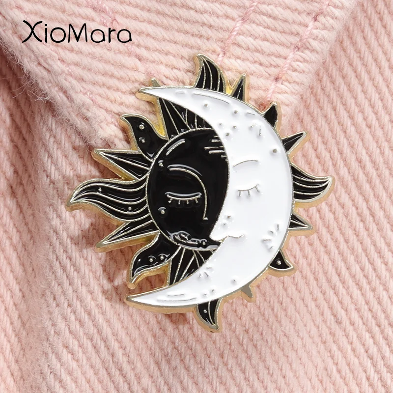 Creative Black White Sun Moon Enamel Pin Vintage Adventure Explore Brooch Denim Bag Lapel Badges Jewelry Gift For Friends