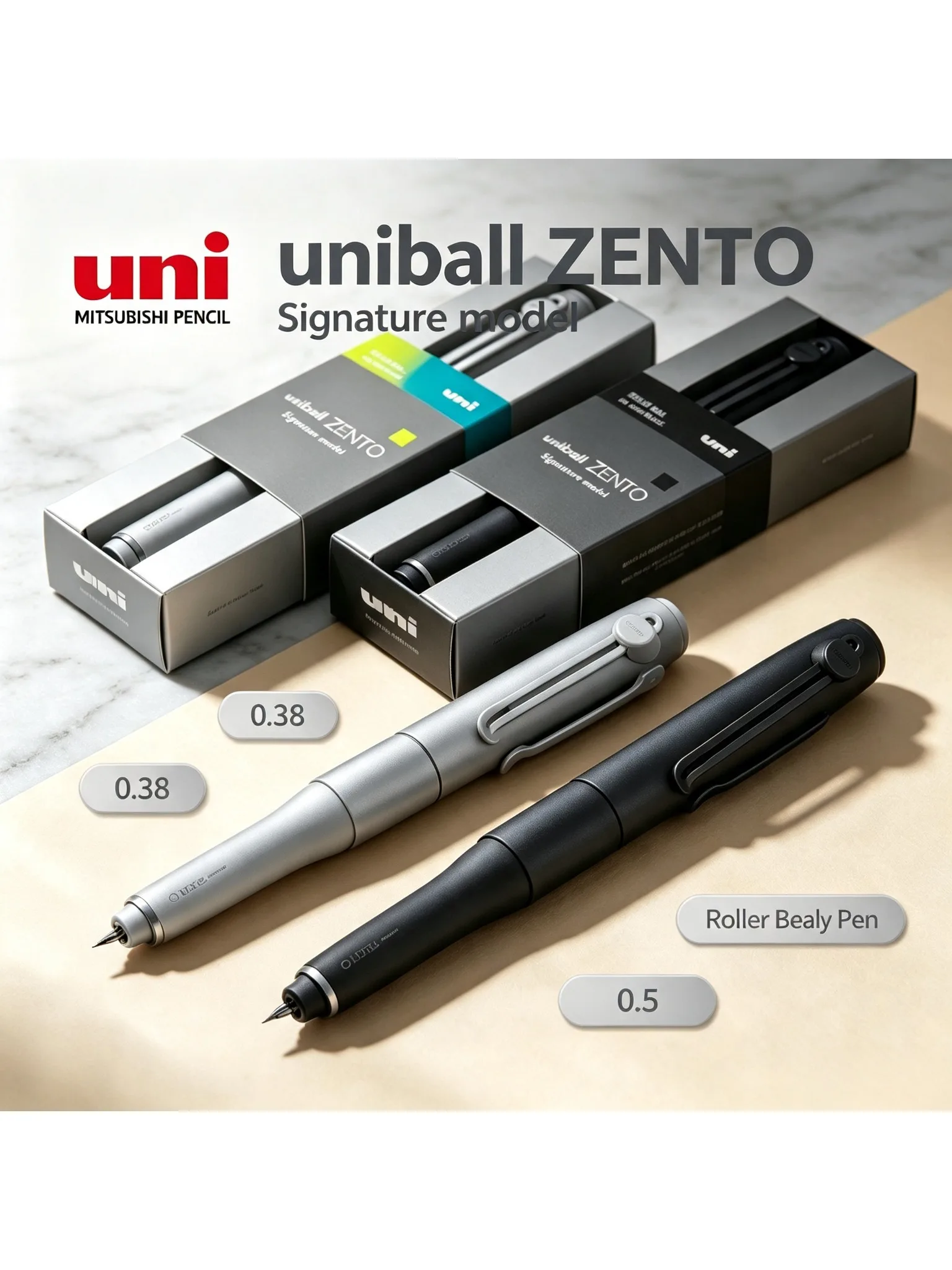 Oryginalny długopis Uni Uniball ZENTO Signature Model, 0.38/0.5, matowy metalowy korpus, obrotowy klips, do podpisów w biurze. — zdjęcie produktu 7