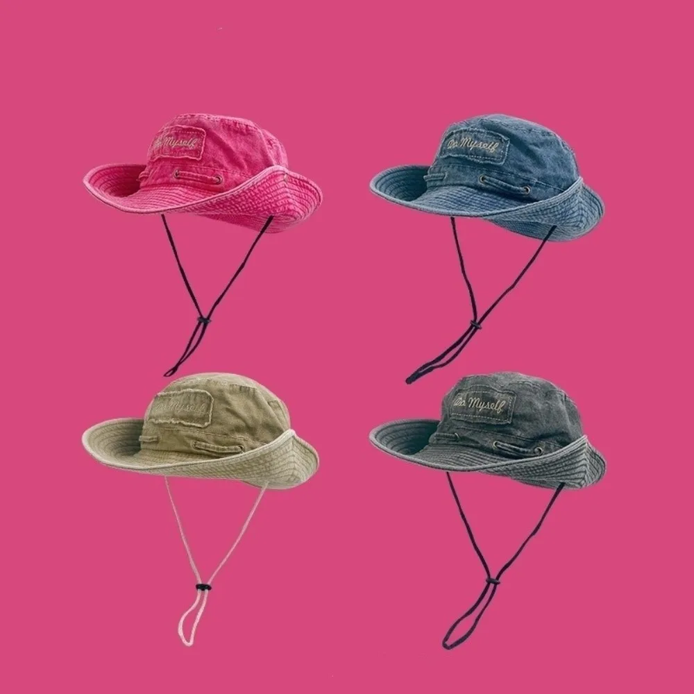 

Fashionable Vintage Wash Western Cowboy Hat Drawstring Sun Protection Sun Hat Solid Color Fisherman Hat Mountaineering