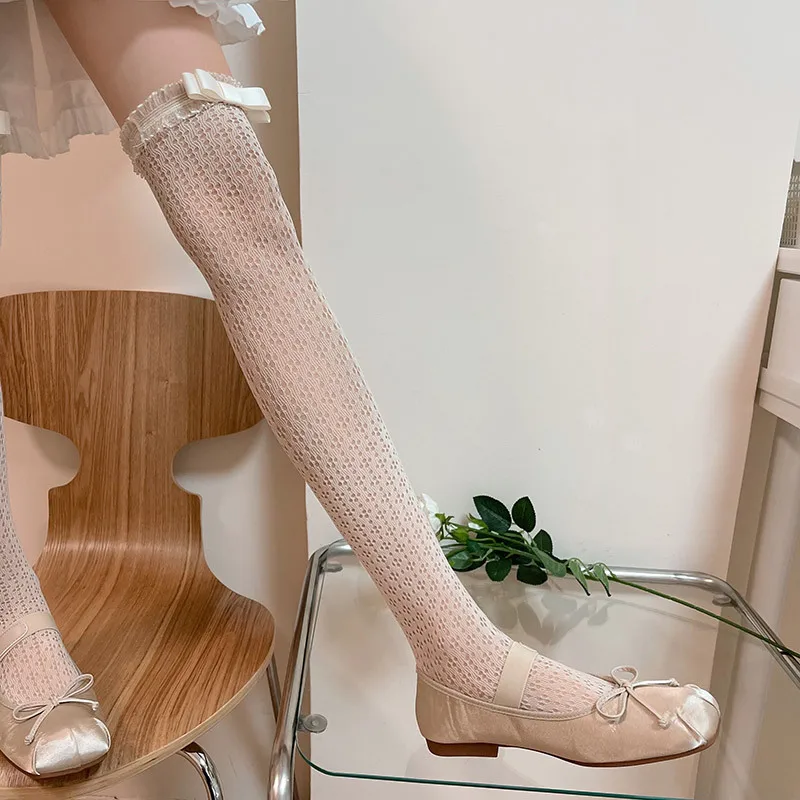 Y2K الفخذ العليا الفتيات جوارب الدانتيل شبكة صيد السمك الحلو النساء جوارب الفخذ العليا الجوارب JK لوليتا Kawaii Bowknot جوارب طويلة إلى الركب #4