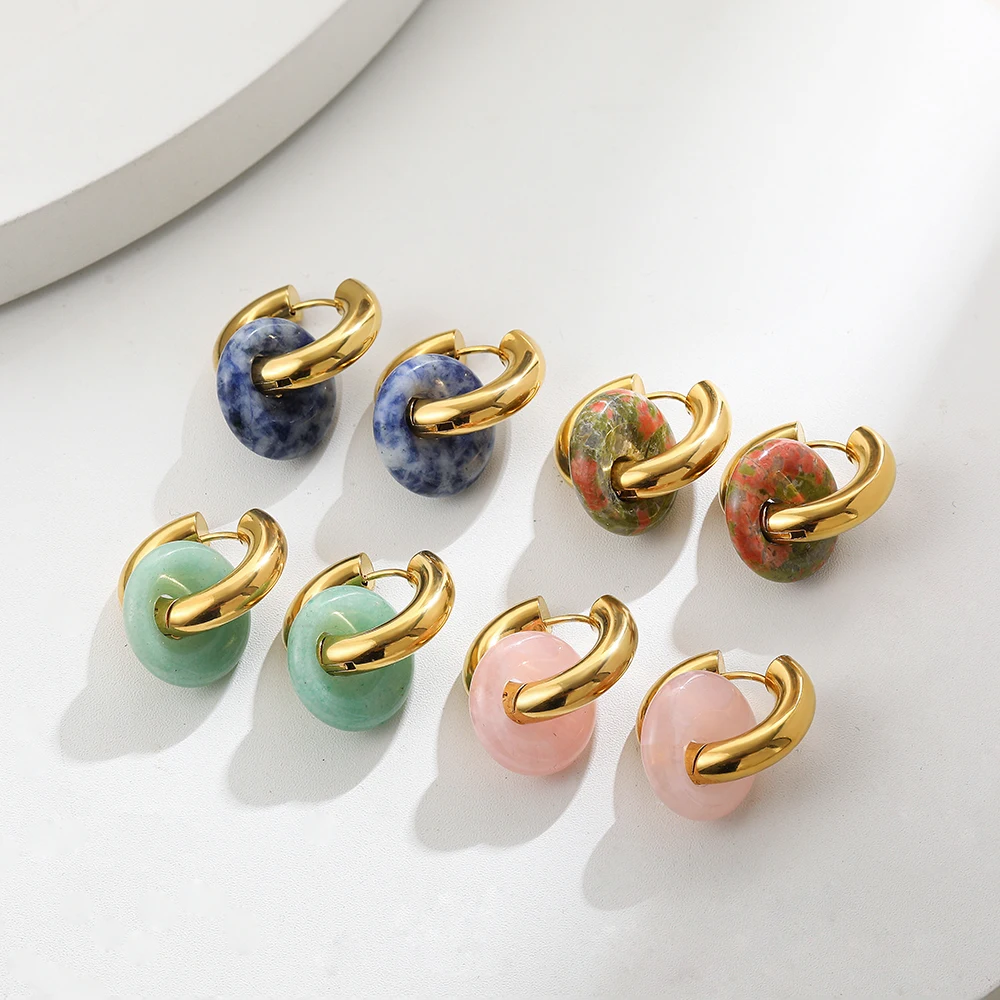 Gold Plated Stainless Steel Small Circle Huggie Earring Hoops Natural Stone Drop Earrings for Women Vintage Jewelry Party Gift