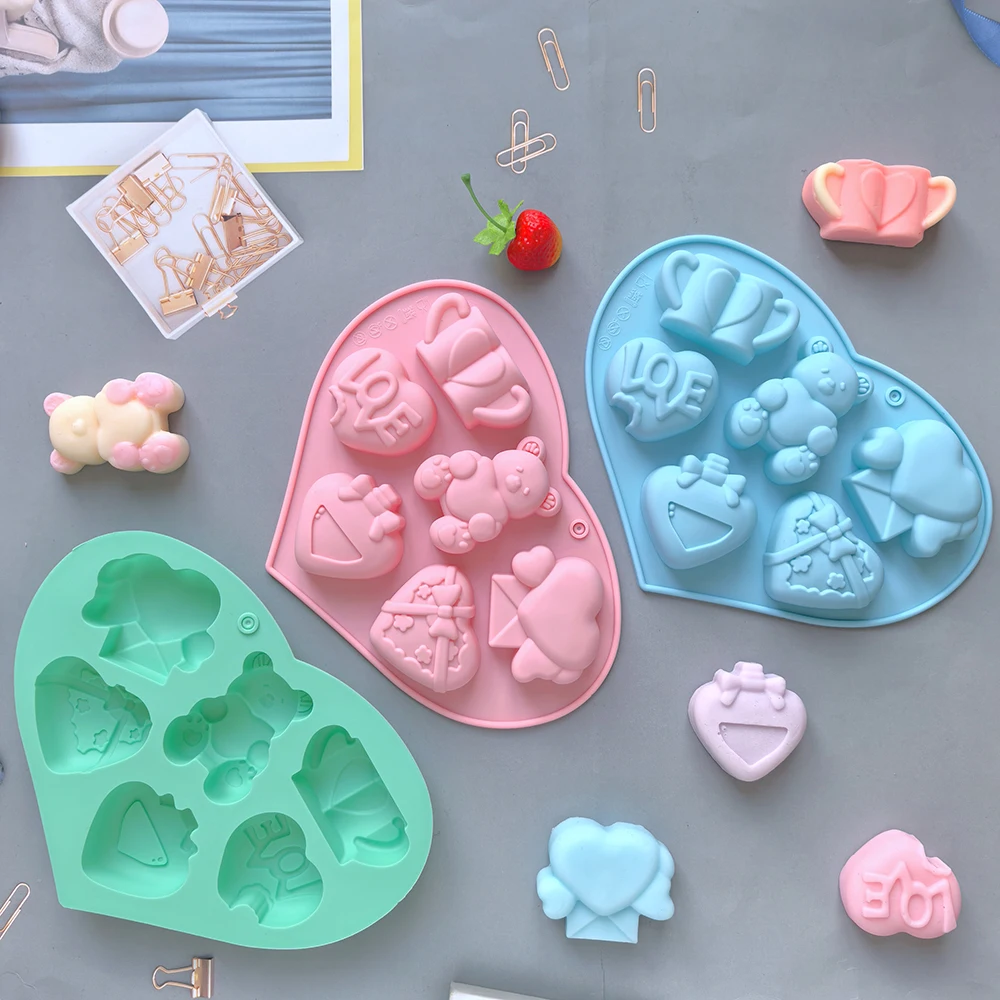Molde de silicona para Chocolate con tema del Día de San Valentín, molde para dulces suaves con forma de oso, resina para hornear, jabón, cera, molde de gelatina de hielo fundido, 1 ud.