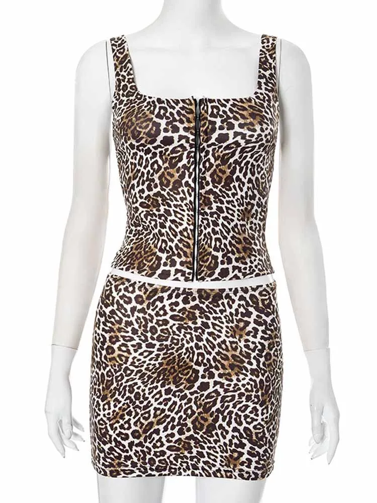 BKQU – ensemble 2 pièces imprimé léopard pour femmes, Cardigan Sexy sans manches, débardeur, Mini jupe Slim, Hipster Club Y2k, costume assorti