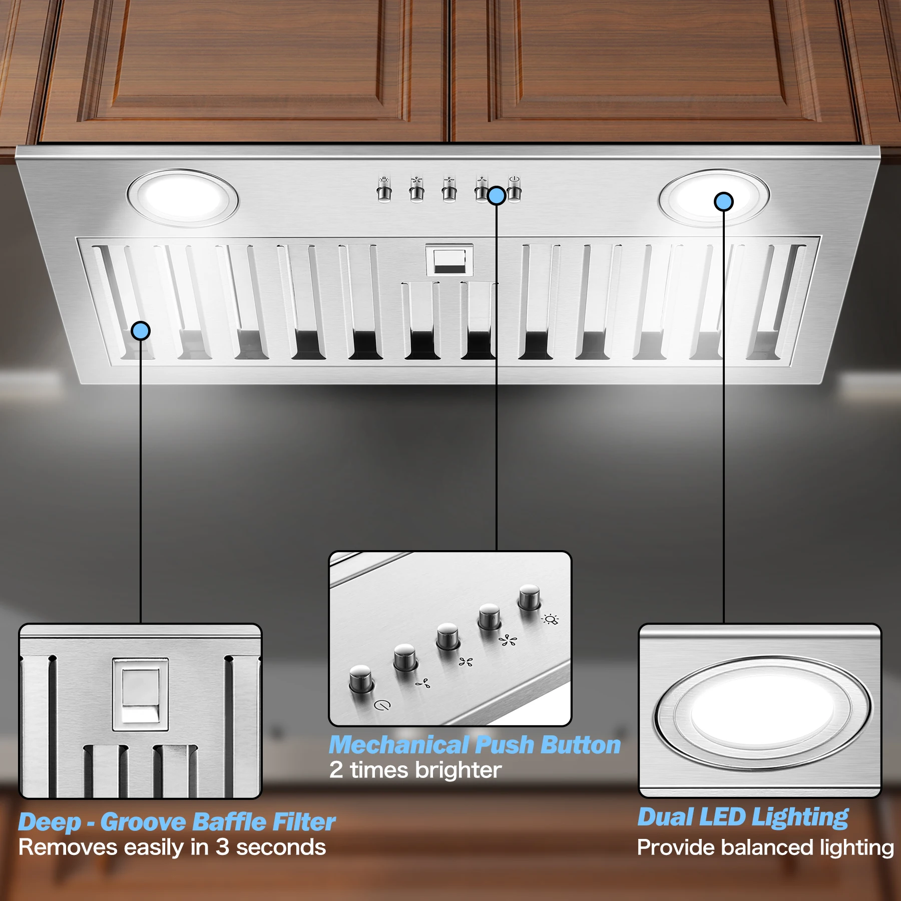 20" 600 CFM Insert, Ultra-Quiet ≤60dB, Dishwasher-Safe Filter, 3-Speed, LED Lights, Ductless/Ducted Range Hood
