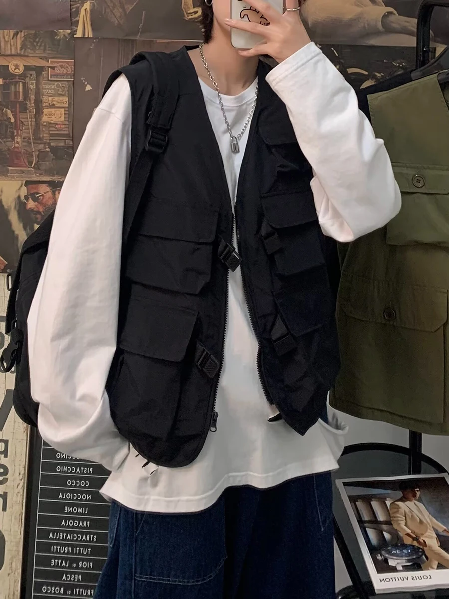 

Loose Fit Men's Tactical Vest Workwear Sle Hip Hop oulder Bared Vest Autumn Trendy Brand Large Size Outerwear