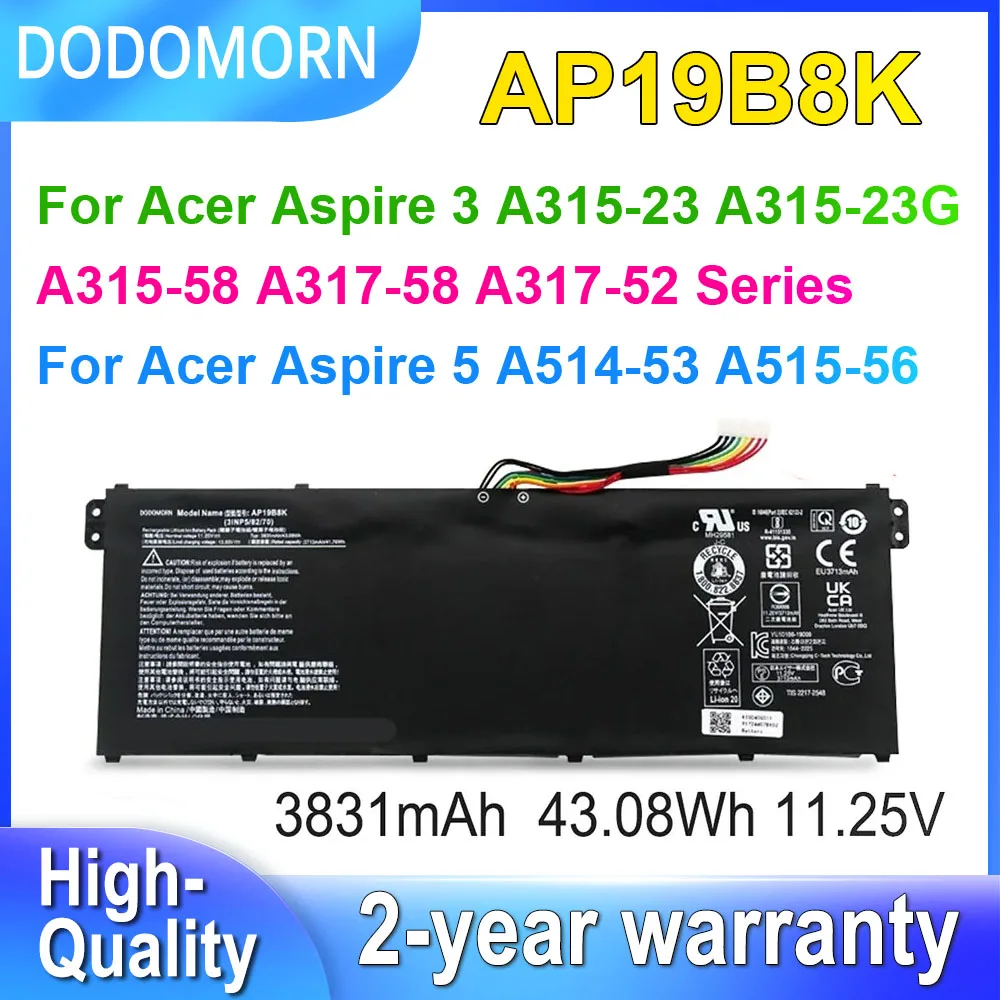 DODOMORN AP19B8K Аккумулятор для ноутбука Acer Aspire 3 A315-23 A315-23G A315-58 A317-58 A317-52/aspire 5 A514-53 A515-56 43.08 Втч