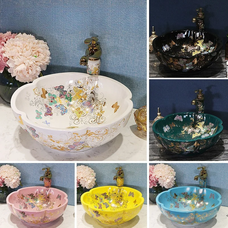 Flower Petal Ceramic Vessel Sink, Artistic Above-Counter Washbasin for Bathroom, Elegant Hand Basin for Home Use