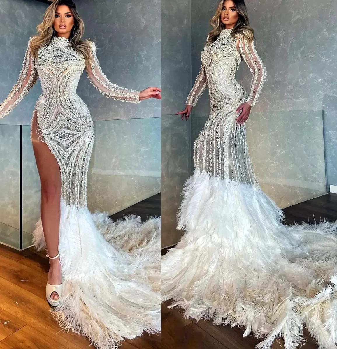 Luxury Arabic Aso Ebi Luxurious Mermaid Pearls Wedding Dress Long Sleeves Feather Bridal Gowns Dresses Plus Size