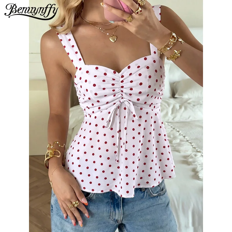 Benuynffy Sweetheart Neck Polka Dot Peplum Tank Top Women Summer Sweet Vintage 2000s Slim Fit Sleeveless Top Streetwear 2026