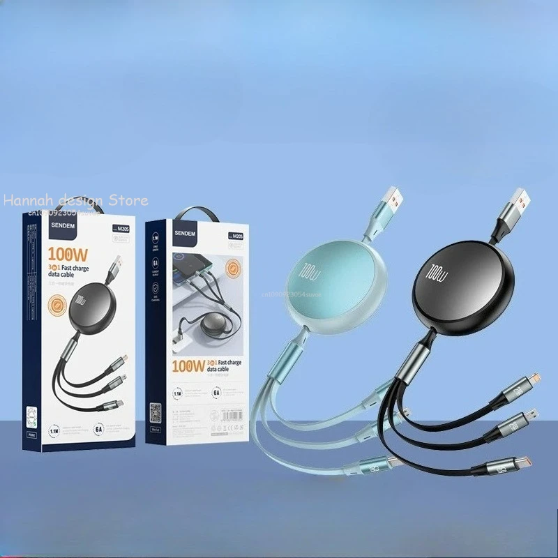 

6A 100W 3 in 1 Fast USB Cable for Huawei/Xiaomi Retractable Portable 3 in 1 Micro USB Type C Charger Cable For iPhone Samsung