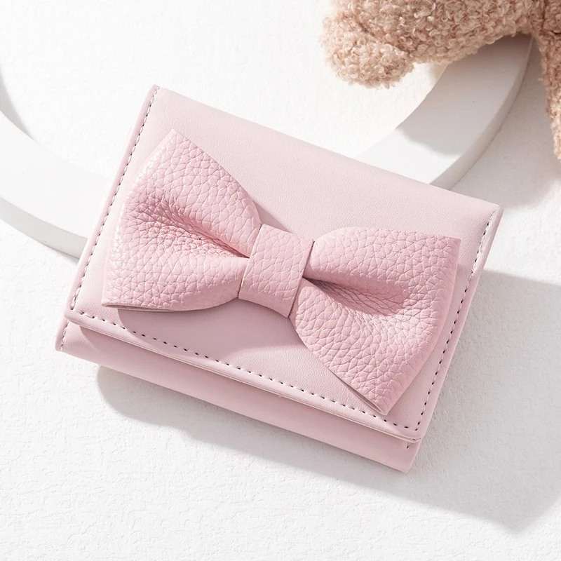 

Женские кошельки из искусственной кожи, короткие тройные кошельки и сумки для женщин, кошельки с держателем для карт, милые сумки для денег с бантом, женский подарок