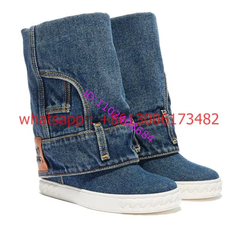 Real Photos Fashion Woman Blue Water Wash Denim Inner Wedge Heel Boots Woman Jean Boots