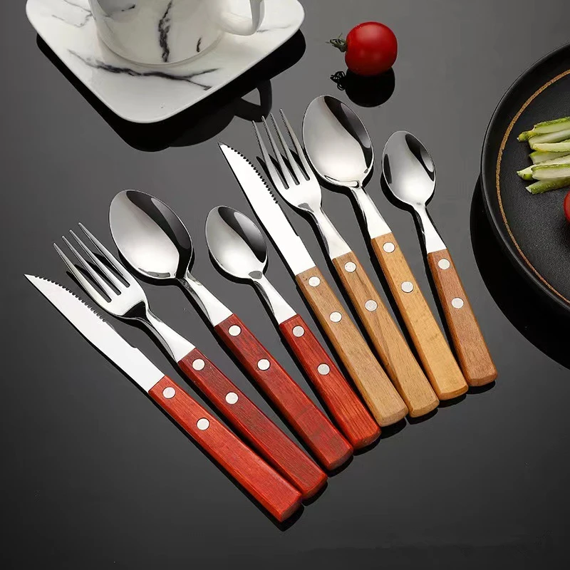 

4pcs Wooden Handle Cutlery Set 304 Stainless Steel Western Tableware Steak Knife Fork Spoon Teaspoon Dinnerware