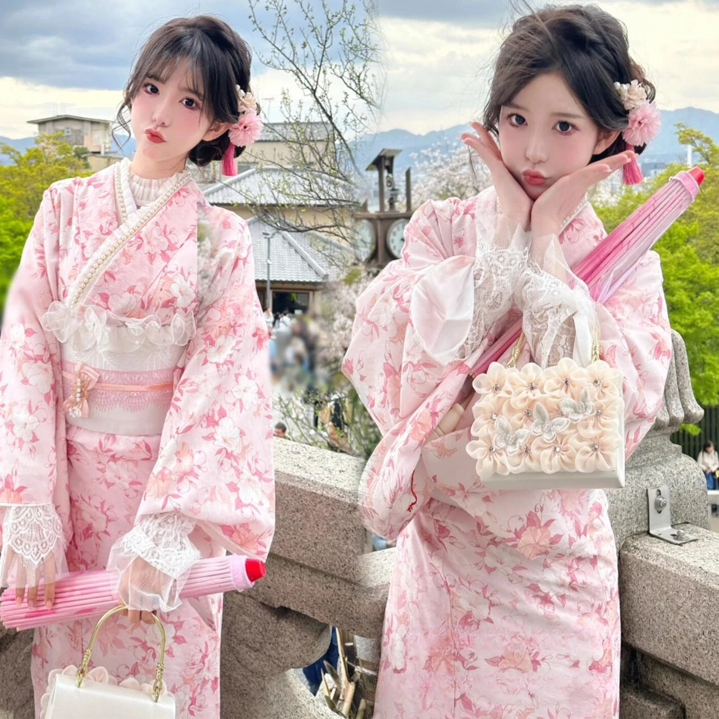 Neues, verbessertes japanisches Kimono-Kostüm für Damen, rosa, traditionelles Yukata-Kostüm, Kawaii-Kami-Mädchen-Outfit für Porträtfotoshootings und Fotografie.