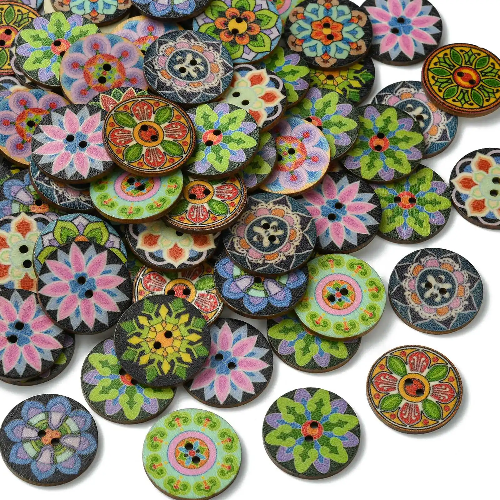 Pandahall 200Pcs Random 25mm Wooden Buttons Vintage Round Wooden Flower Buttons Decorative Buttons for DIY Sewing Crafts
