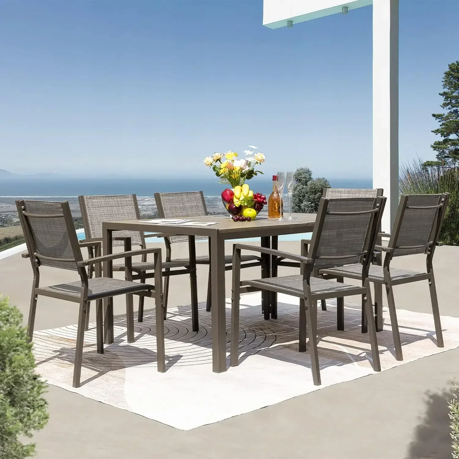 Ensemble de salle à manger d'extérieur avec table météo et 6 chaises en textilène empilables, meubles de jardin et de cour, pièce. c