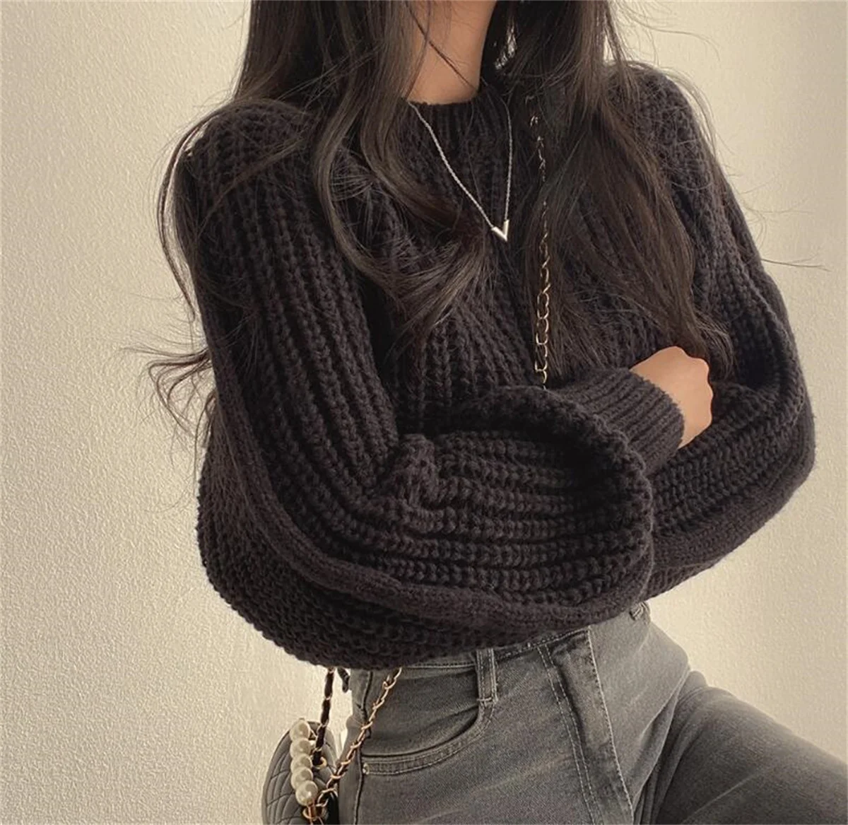 Puffy Sleeve Knit Top Women Vintage Autumn Winter Solid Sweater O Neck Loose Casual Tops Soft Chic Elegant  Pullover 2024 New