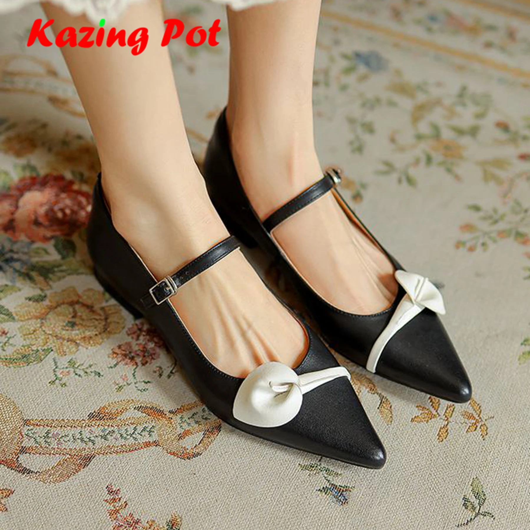 

Krazing Pot Genuine Leather Pointed Toe Women Summer Low Heels Slip On Flowers Gorgeous Mixed Color Shallow Princess Style Pumps