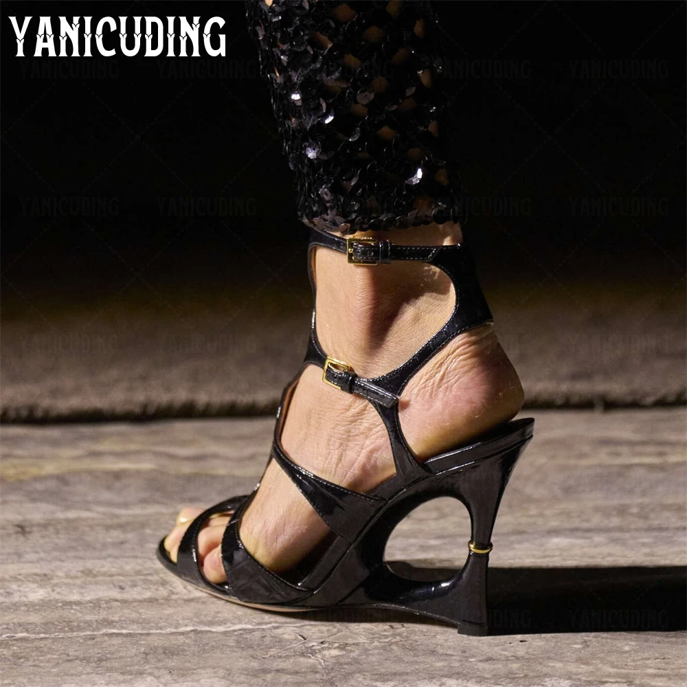 

Cutout Wedge Sandals Croc-Effect Leather Open Toe High Heels Novelty Designer Style Cage Sandals Metal Ring Strange Heel Sandals