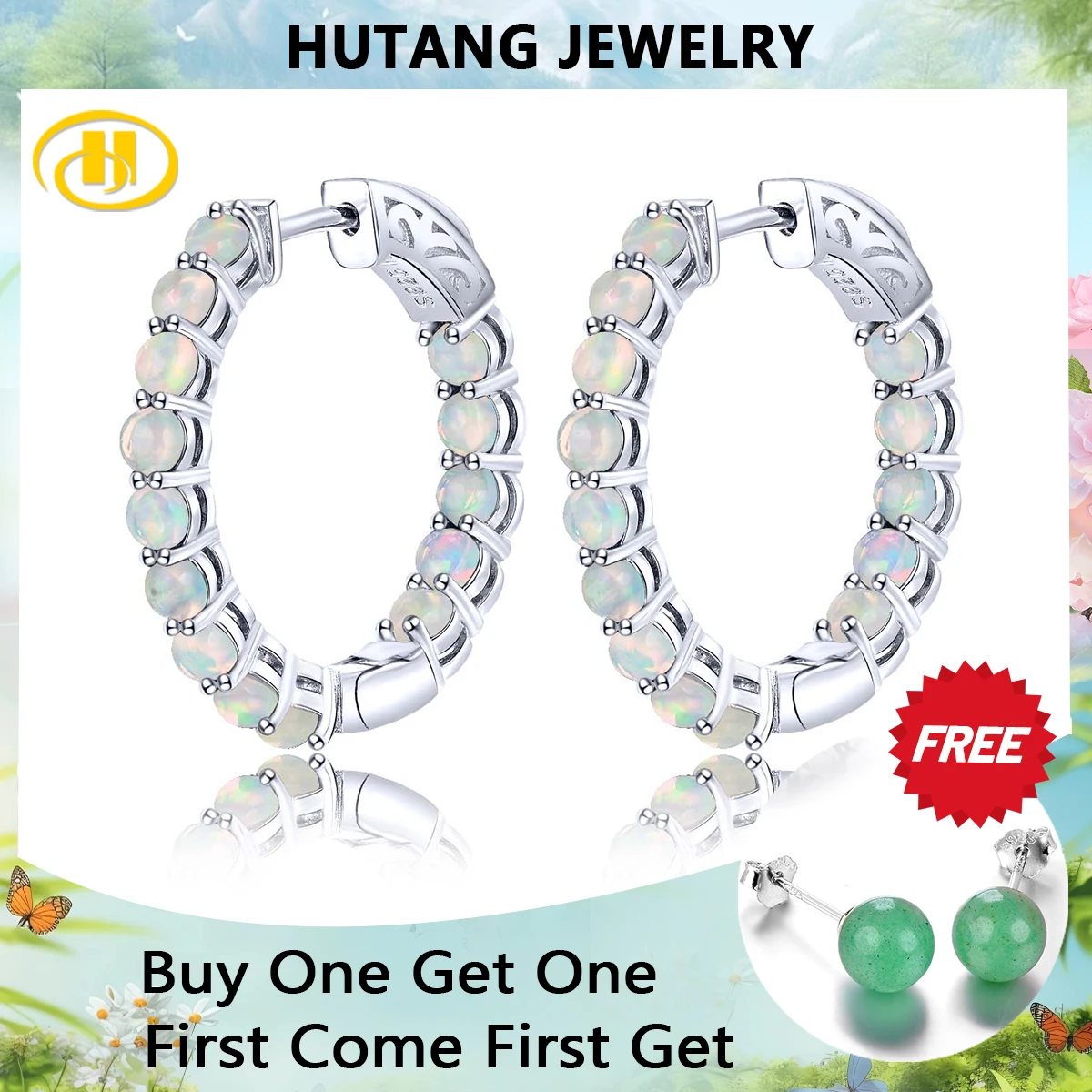 Hutang Natural Opal Sterling Silver Clip Earring 2.3 Carats Cabochon Cut Colorful Opal  Classic Design Women's Earring Christmas