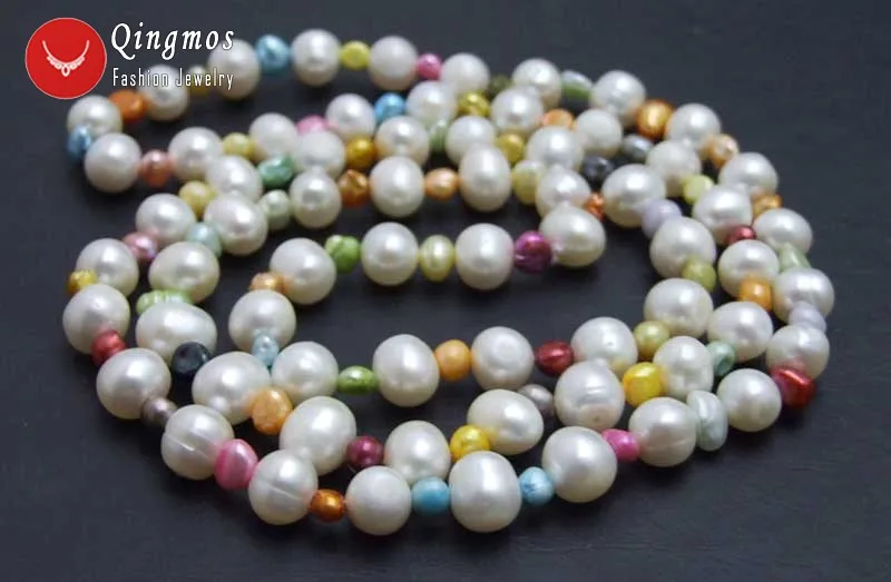Qingmos 8-9mm Round Natural White Pearl Necklace for Women with 5mm Baroque Multicolor Pearl Sweater Long Necklace 30'' Jewelry