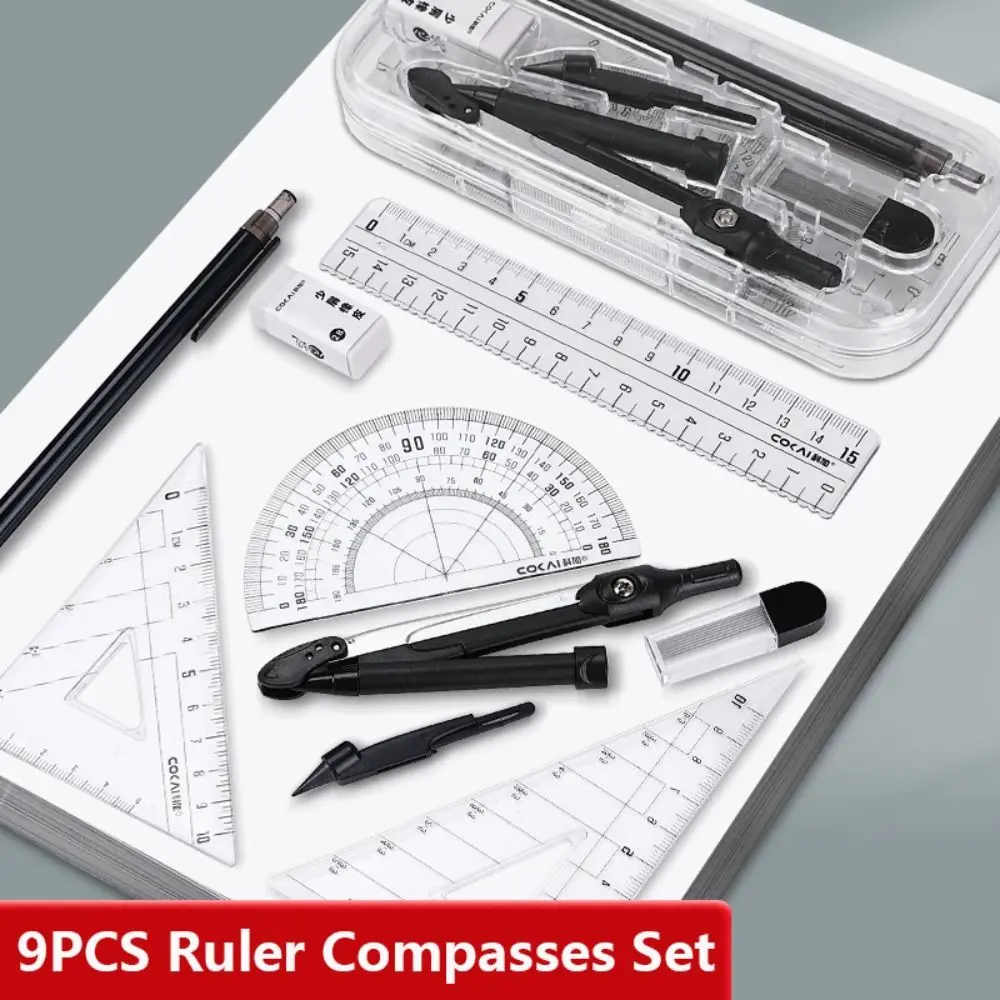 8PCS/Set Plastic Ruler Compasses Set Eraser Mechanical Pencil Measuring Ruler Set Square Straight Ruler Protractor Students
