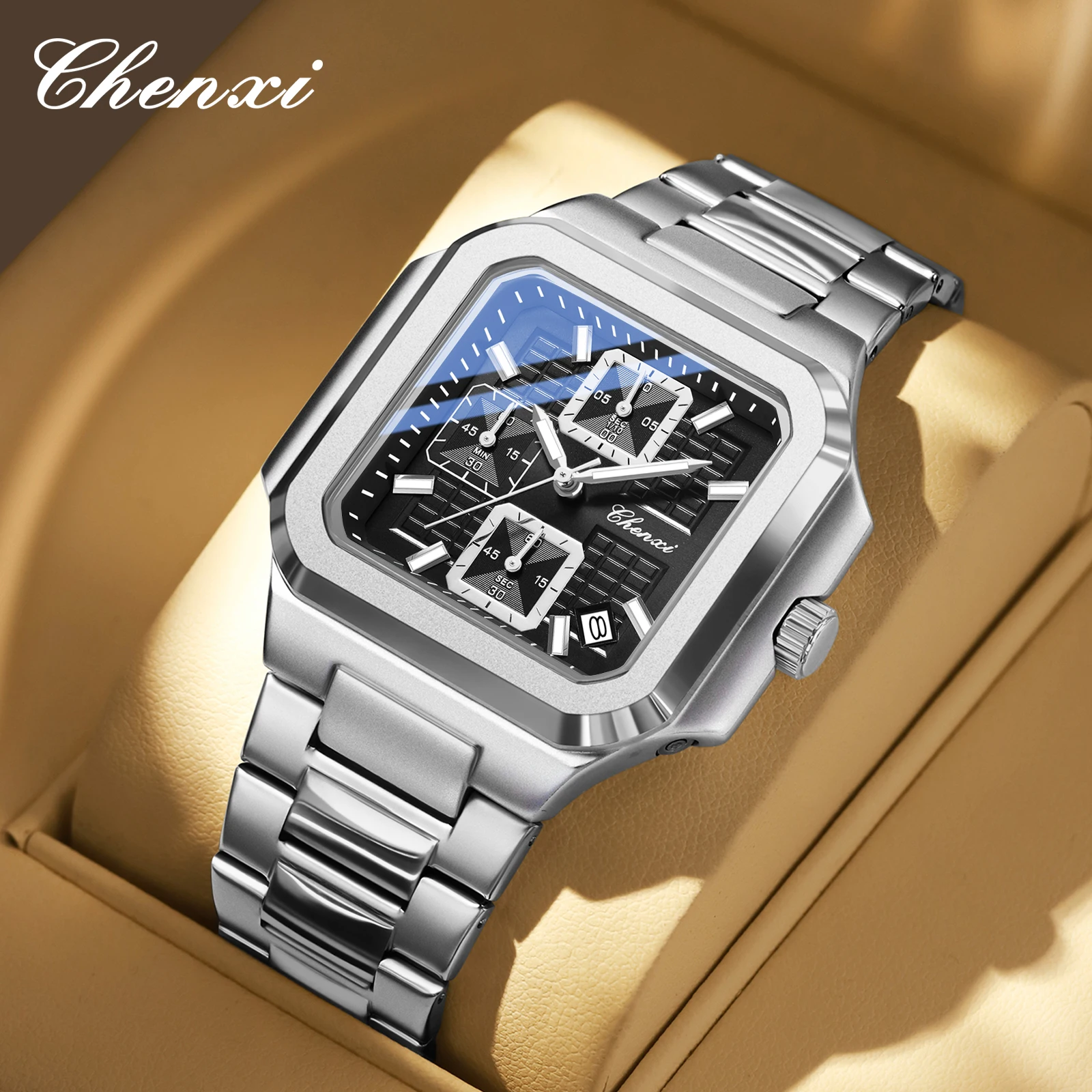CHENXI Square Chronograph Men's Watches Multifunctional Date Luminous Waterproof Sport Business Quartz Wristwatch Reloj Hombre